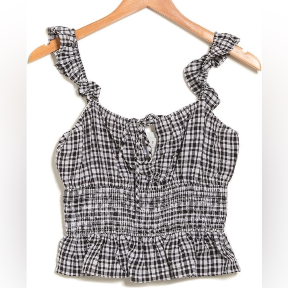 WAYF Check Smocked Waist Top Black White XL - Picture 10 of 10